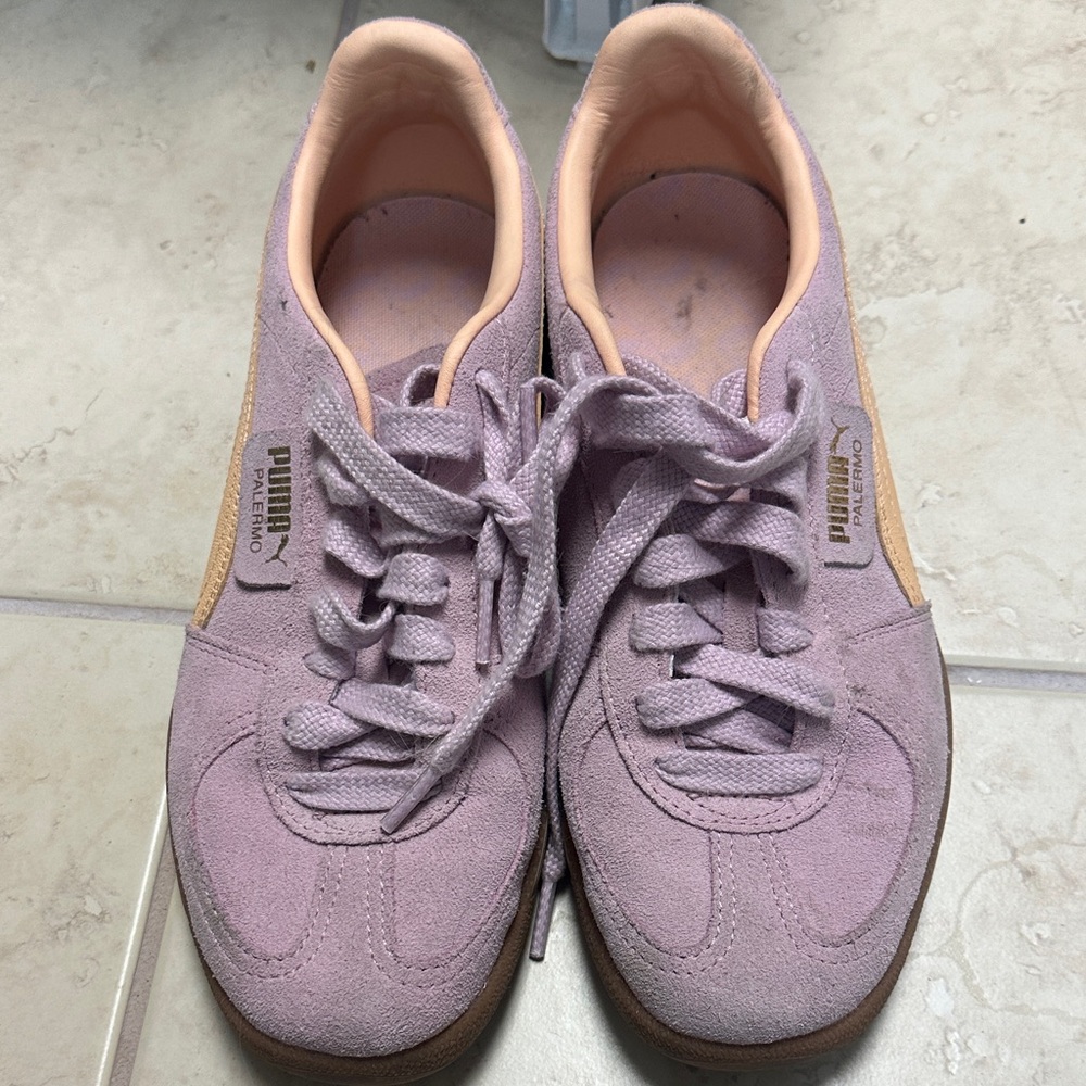 Puma Women’s Lavender Suede Sneakers with Tan Stripe